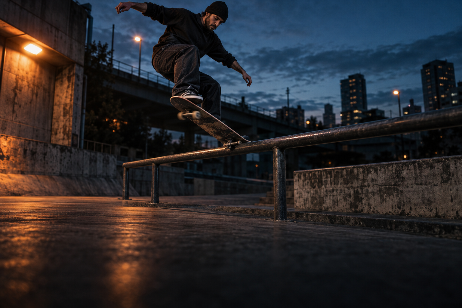 Skateboarder locking into a grind on a round rail
